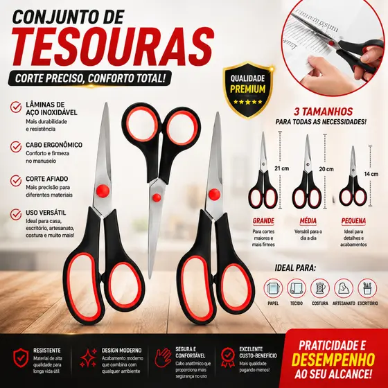 KIT 3 TESOURAS COZINHA AÇO INOX MULTIUSO TESOURA DE INOX ESCOLAR KITS PRATICOS TESOURAS CASA COSTURA