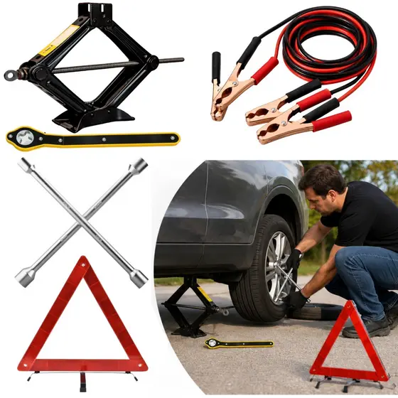 Kit Estepe Macaco Com Chave Catraca 1,5T Chave De Roda + Triangulo Sinalizador + Cabo Chupeta