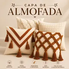 Capa De Almofada Decorativa 45cm x 45cm Boho Chic Algodão Macramê Pompom Artesanal Luxo Para Sofá Sala