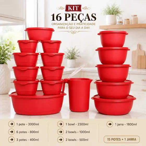 Kit Jogo de Cozinha 16 Peças Potes Herméticos Com Jarra Plástico Resistente Livre BPA Organizador de Alimentos