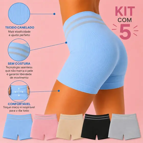 Kit 5 Calcinhas Boxer Canelada Shortinho Sem Costura Cueca Feminina Poliamida Importada MK