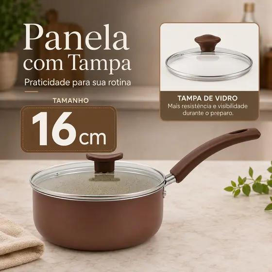 Panela Cerâmica Antiaderente 16cm Apollo Marrom com Tampa de Vidro