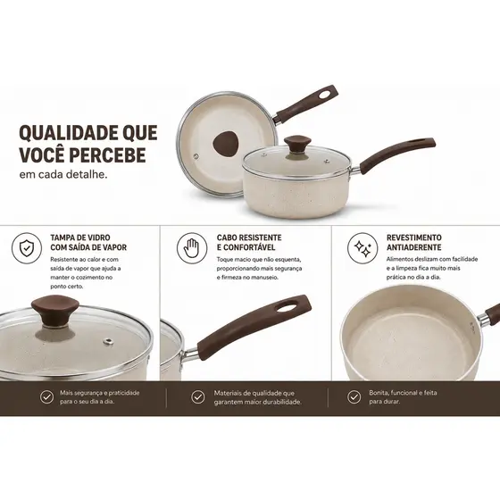 Panela Cerâmica Antiaderente 16cm Rocca Bege com Tampa de Vidro