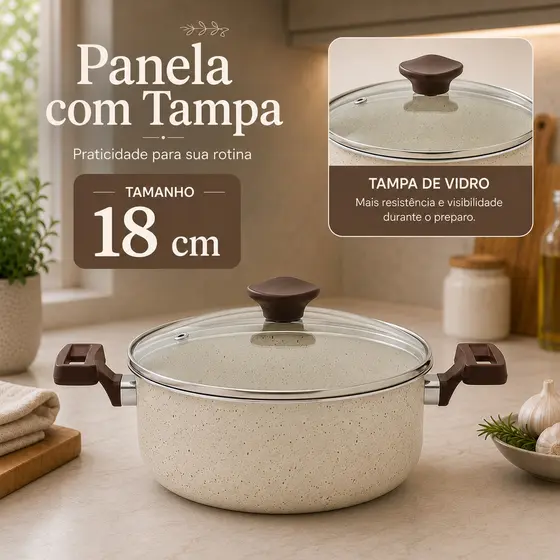 Panela Caçarola Cerâmica Antiaderente 18cm Rocca Bege com Tampa de Vidro