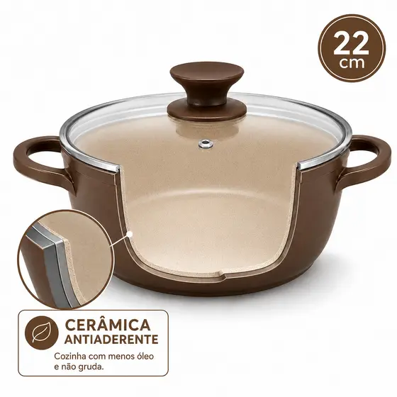 Panela Caçarola Cerâmica Antiaderente 20cm Marrom com Tampa de Vidro Apollo 3,2L