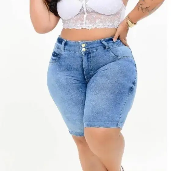 bermuda jeans feminina shorts plus size cintura alta com lycra lavagem sky envio imediato