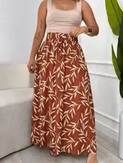 Saia Longa Viscolinho Estampada Forrada Cintura alta com Bolso Fendas Laterais