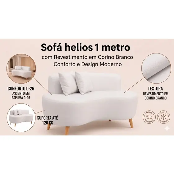 🔥 Sofá Helios XII 1m Corino Branco | Fácil Limpeza, Pé 12cm Alto e Design Moderno