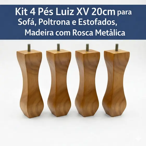 🪑🔩 Kit 4 Pés Luiz XV 20cm em Madeira com Rosca Metálica | Ideal para Estofados