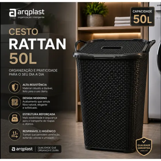 Cesto Rattan 50 Litros Com Tampa Design Único Resistente e Reforçado