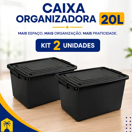 Jogo 2 Caixas Cesto 20 Litros Caixa Organizadora Pretas Com Tampa e Trava Organizador Preto