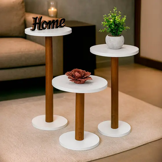 Trio Mesinhas de Apoio Decorativas Madeira e MDF 1 Pé Branco