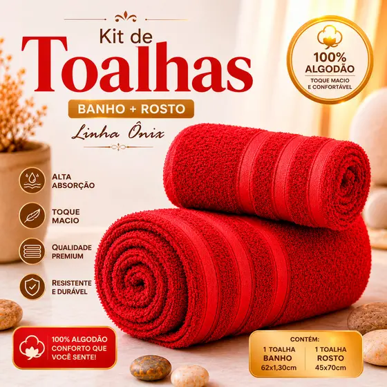 Kit 2 Toalhas Banho + Rosto 100% Algodão Linha Ônix Alta Absorção Macia 62x130cm