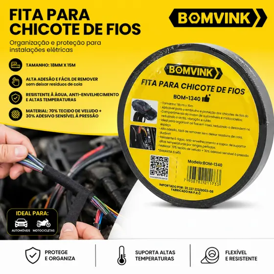 Fita Isolante Tecido Automotiva para Chicote de Fios 15m Anti Ruído Alta Temperatura Moto Carro