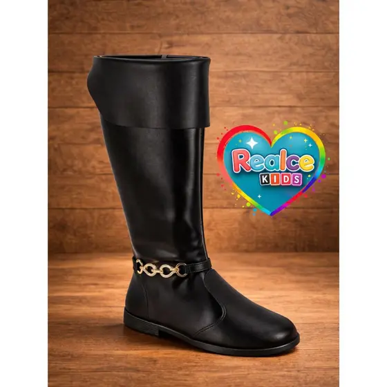 BOTA COTURNO MOLEKINHA PRETA CANO LONGO ZIPER FIVELA DOURADA INFANTIL COURO SINTETICO MENINA FEMININO.