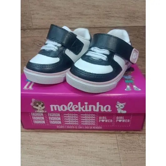 tenis molekinha  vecro preto rosa branco infantil
