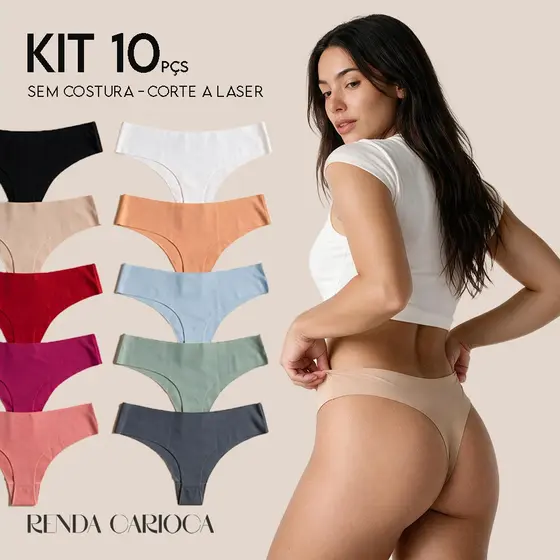 Kit 10 Calcinha Sem Costura Fio Dental Tanga Conforto Corte a Laser Não Marca