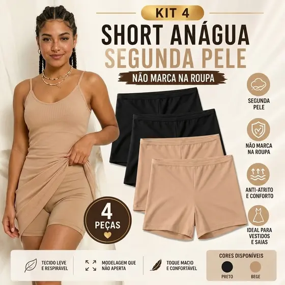 Kit 4 Short Curto Segunda Pele Feminina Sem Renda Shortinho Pra Usar Com Vestido Saia Calça