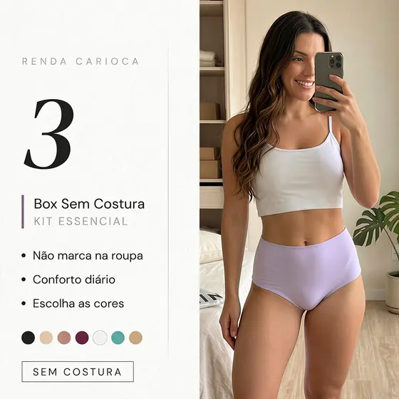 Kit 3 Calcinha Cós Alto Sem Costura Box Feminina Invisível Corte a Laser