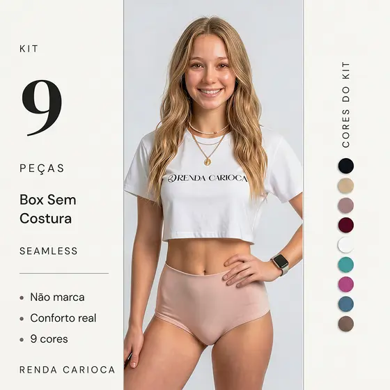 Kit 9 Calcinhas Boxer Sem Costura Corte a laser Cós Alto Não Marca Invisível Cintura alta Cueca Box