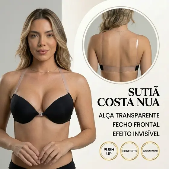 Sutian Costa Nua Com Alça de Silicone Discreto Regulável Removível com Bojo Sutiã Preto Nude Branco