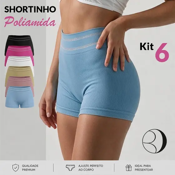 Kit Short Boxer Feminino Shortinho Box Canelado De Poliamida Cintura Alta