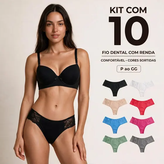 Kit 10 Calcinha Fio Dental Renda Confortável Calsinha Feminina Dia a Dia