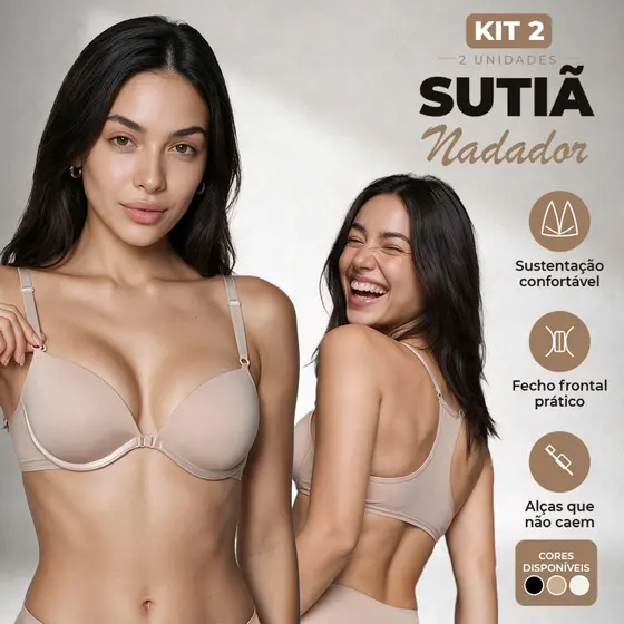 Kit 2 Sutiã Nadador Com Bojo Fecho Frontal Confortável Dia a Dia