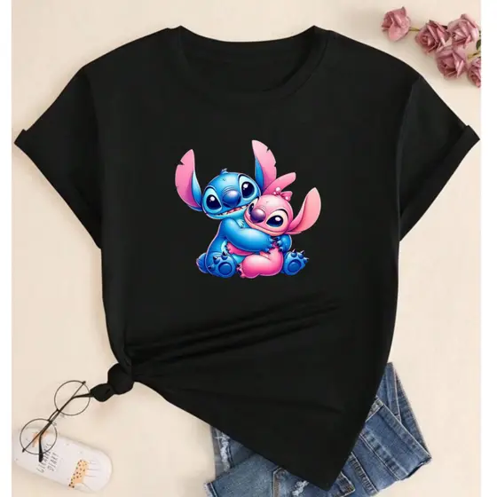 Camiseta Stitch Abraçando Feminino Camisa Algodão Preimum