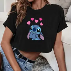 Blusa Cropped Ursinho Stitch Várias Estampas Blusinha Curta Preta Top 100% Algodão - Lançamento