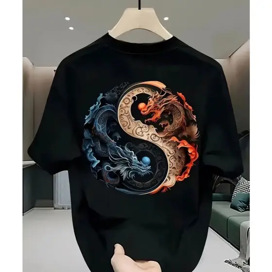 Camiseta Unissex Dragão Yin Yang Estilo Urbano Asiático Algodão