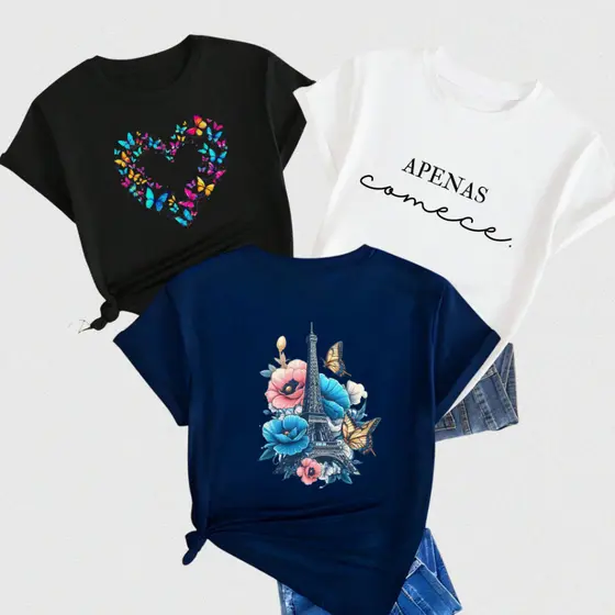Kit 3 Blusas Femininas Estampadas Verão Camisetas 100% Algodão Casual Lançamento