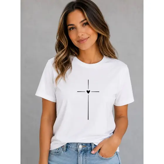 Blusa T-shirt Cruz Coração Confortável 100% Algodão