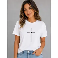 Blusa T-shirt Cruz Coração Confortável 100% Algodão