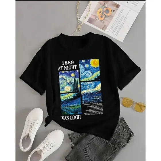 Camiseta Feminina Van Gogh Noite Estrelada Estampada Estilosa