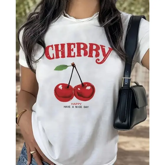 Camiseta Feminina Estampada Cereja 100% Algodão Verão