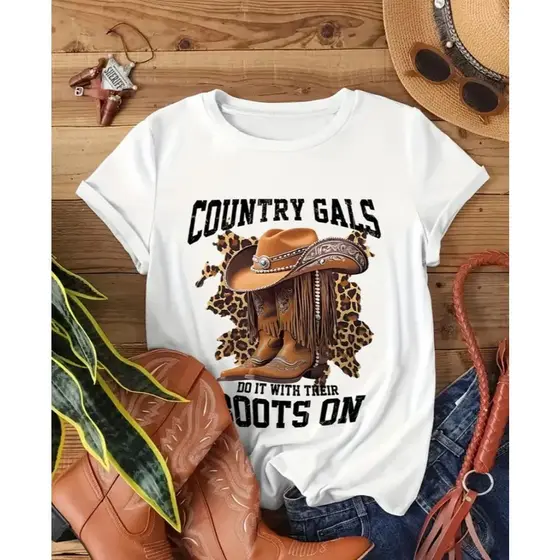 Camiseta Country Feminina Estampa Western Chapéu e Botas 100% Algodão