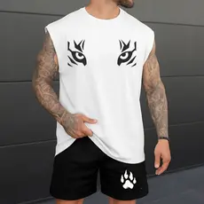 Kit Masculino Duas Peças Regata e Short Tactel Estampa Olho de Tigre Treino Academia