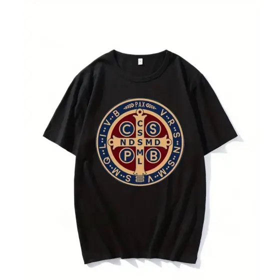 Camiseta 100% Algodão Religião Cristã Medalha de São Bento Camisa Unissex