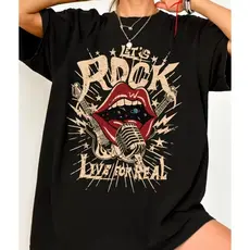 Camiseta Feminina Rock Let´s Rock Estampa Boca Microfone Preta Street Style