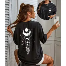 Blusa Feminina Preta Estampada Lua Estrela Vintage  100% Algodão Premium