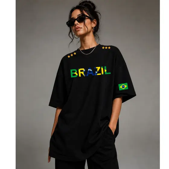 Camiseta Oversized Brasil Feminina Algodão Streetwear