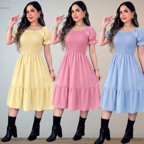 Vestido Midi Feminino Elegante Rodado Manga Curta Evangélico Casual Social  Vermelho
