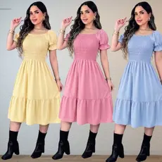 Vestido Midi Feminino Elegante Rodado Manga Curta Evangélico Casual Social  Vermelho