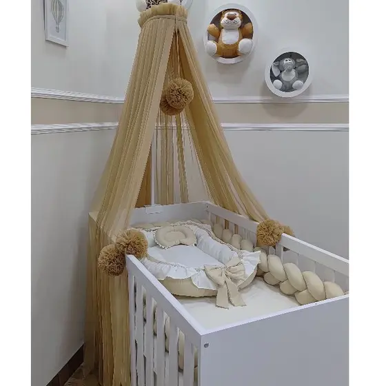 Mosquiteiro Com Suporte para Berço Portátil Adaptável Com Pompom Dossel Microtule
