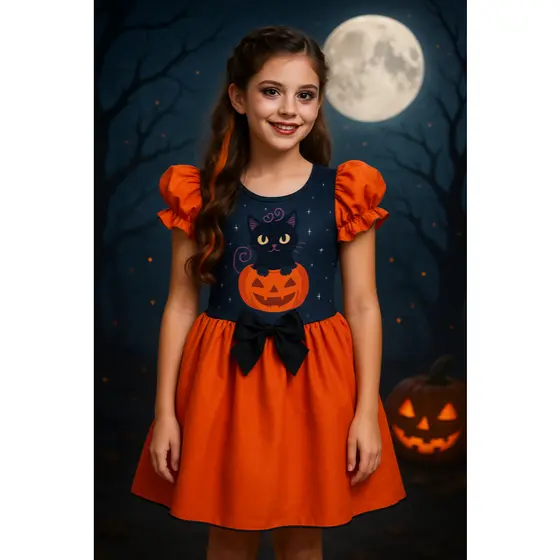 vestido abóbora halloween moda infantil Fantasias menina peça festa escolar estampado tecido leve