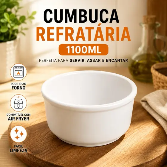 Cumbuca Bowl Tigela 1100mL Porcelana Refratária Branca- Forno Mesa Ideal para Caldos Sopas Sobremesa