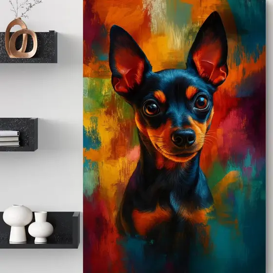 Quadro Decorativo Pinscher Cachorro Em MDF 110x80 Arte Colorida Moderna Parede