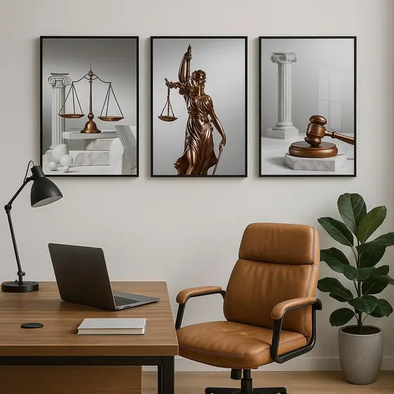 Quadro Decorativo Advocacia Balança Deusa Da Justiça Kit 3 Peças MDF Para Escritório