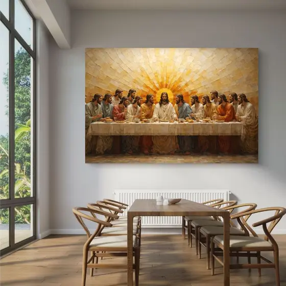 Quadro Decorativo Santa Ceia Última Ceia Arte Sacra Dourada MDF 110x80 Decoração Religiosa Parede